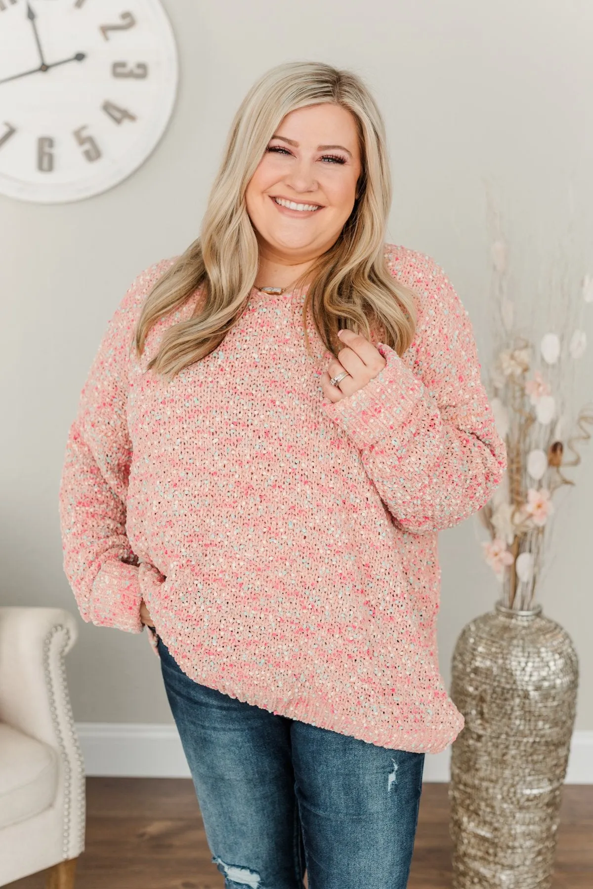 Charming Embrace Chunky Knit Sweater- Peach, Mint Blue & Pink