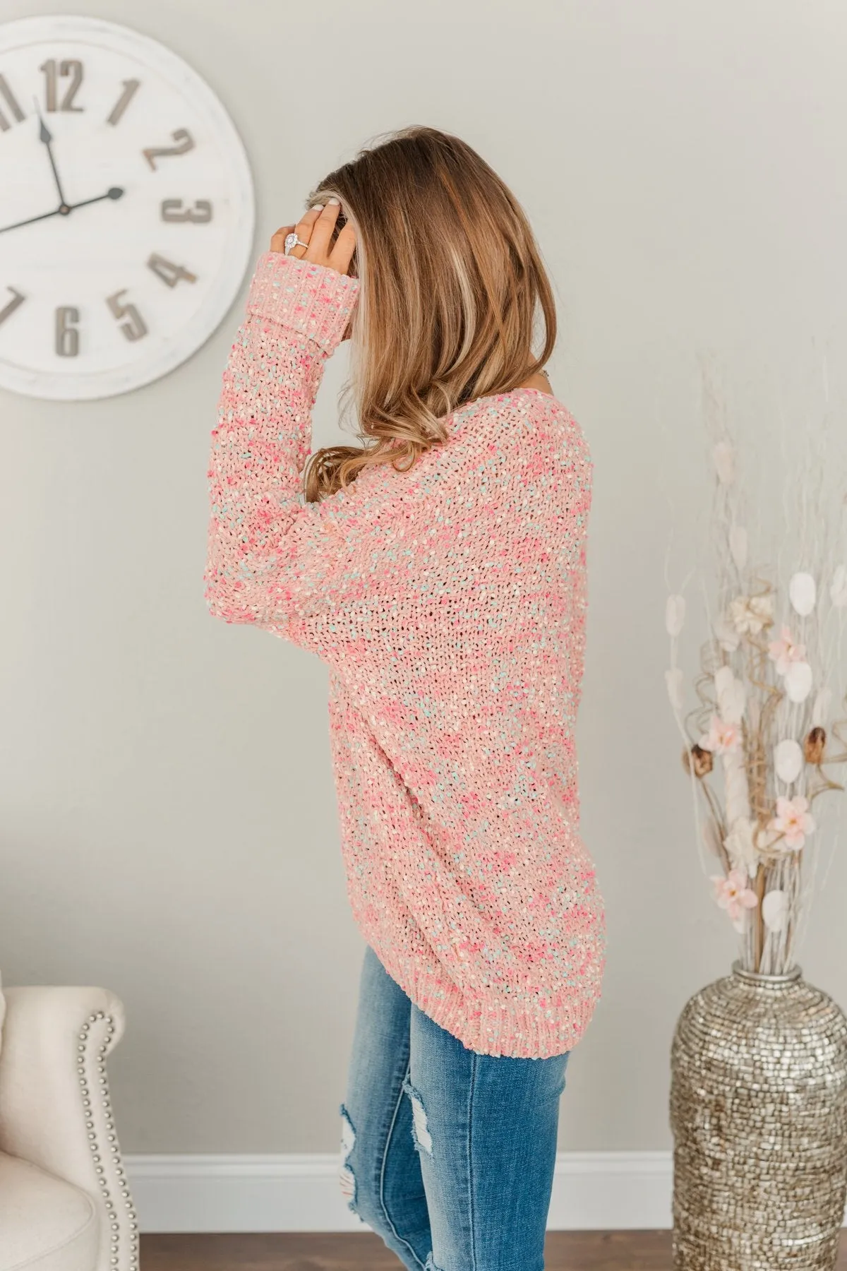 Charming Embrace Chunky Knit Sweater- Peach, Mint Blue & Pink