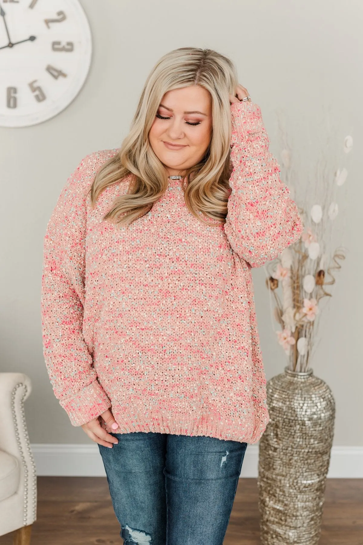 Charming Embrace Chunky Knit Sweater- Peach, Mint Blue & Pink