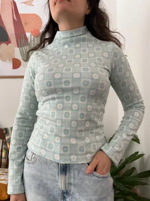 Checkered daisies funnel neck top