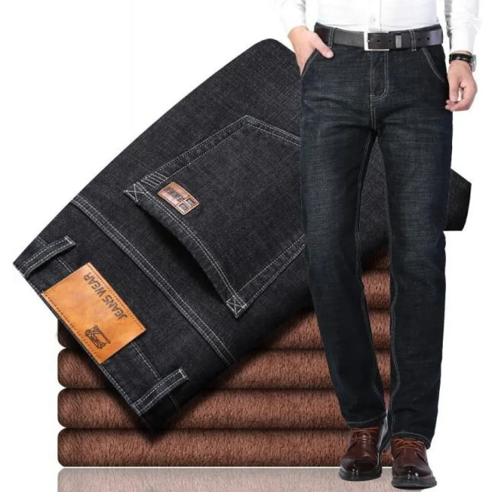 ContiNent 33 Winter Jeans Men Black Slim Fit Stretch Thick Velvet Pants Warm Jeans Casual Fleece Trousers Male Plus Size