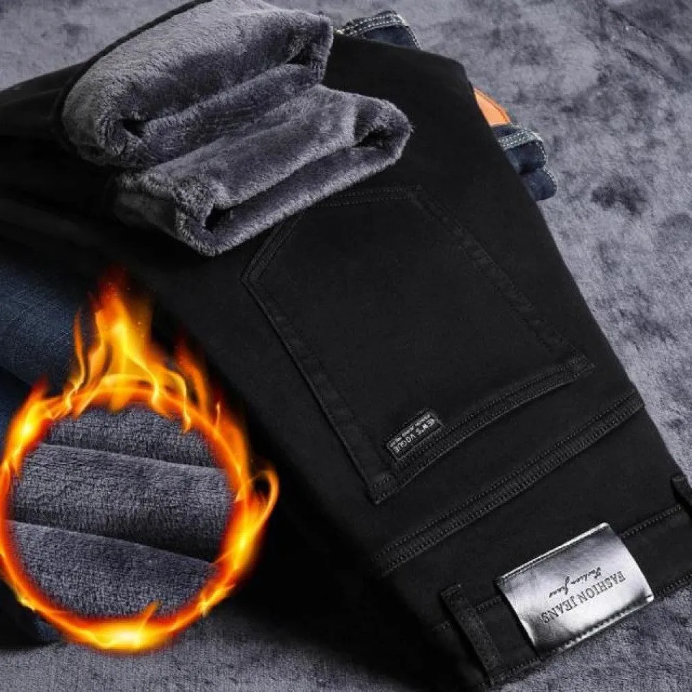 ContiNent 33 Winter Jeans Men Black Slim Fit Stretch Thick Velvet Pants Warm Jeans Casual Fleece Trousers Male Plus Size