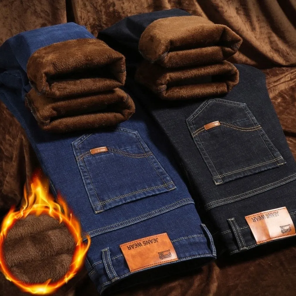 ContiNent 33 Winter Jeans Men Black Slim Fit Stretch Thick Velvet Pants Warm Jeans Casual Fleece Trousers Male Plus Size