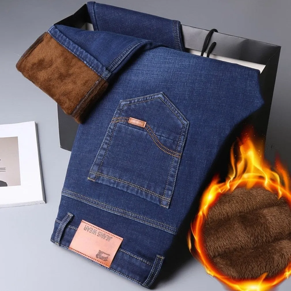 ContiNent 33 Winter Jeans Men Black Slim Fit Stretch Thick Velvet Pants Warm Jeans Casual Fleece Trousers Male Plus Size