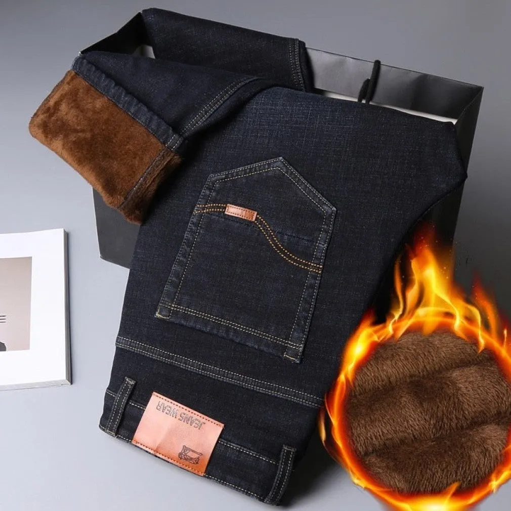 ContiNent 33 Winter Jeans Men Black Slim Fit Stretch Thick Velvet Pants Warm Jeans Casual Fleece Trousers Male Plus Size