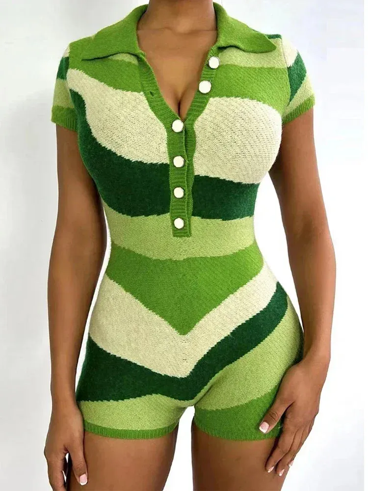 Contrast Romper Women Knit Stretch
