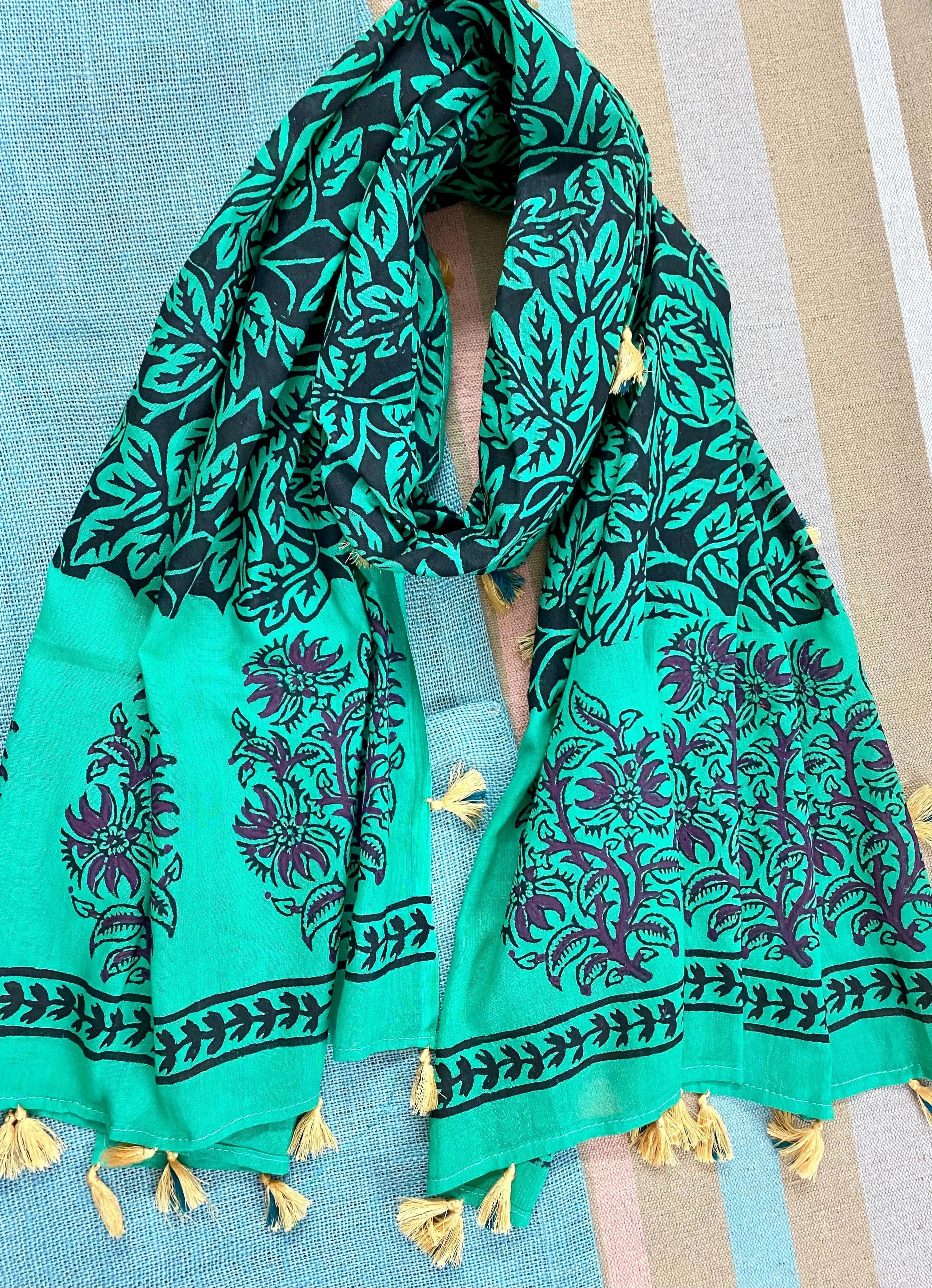 Emerald Forest Block Printed Muslin Scarf