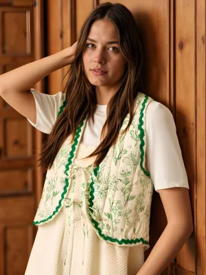 Floral Quilted Rik Rak Trim Tie Vest
