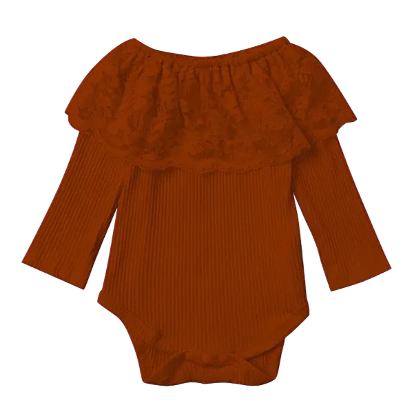 Girl's Shea Baby Burgundy Lace Neck Long Sleeve Onesie