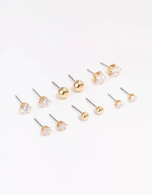 Gold Cubic Zirconia & Ball Stud Earrings 6-Pack