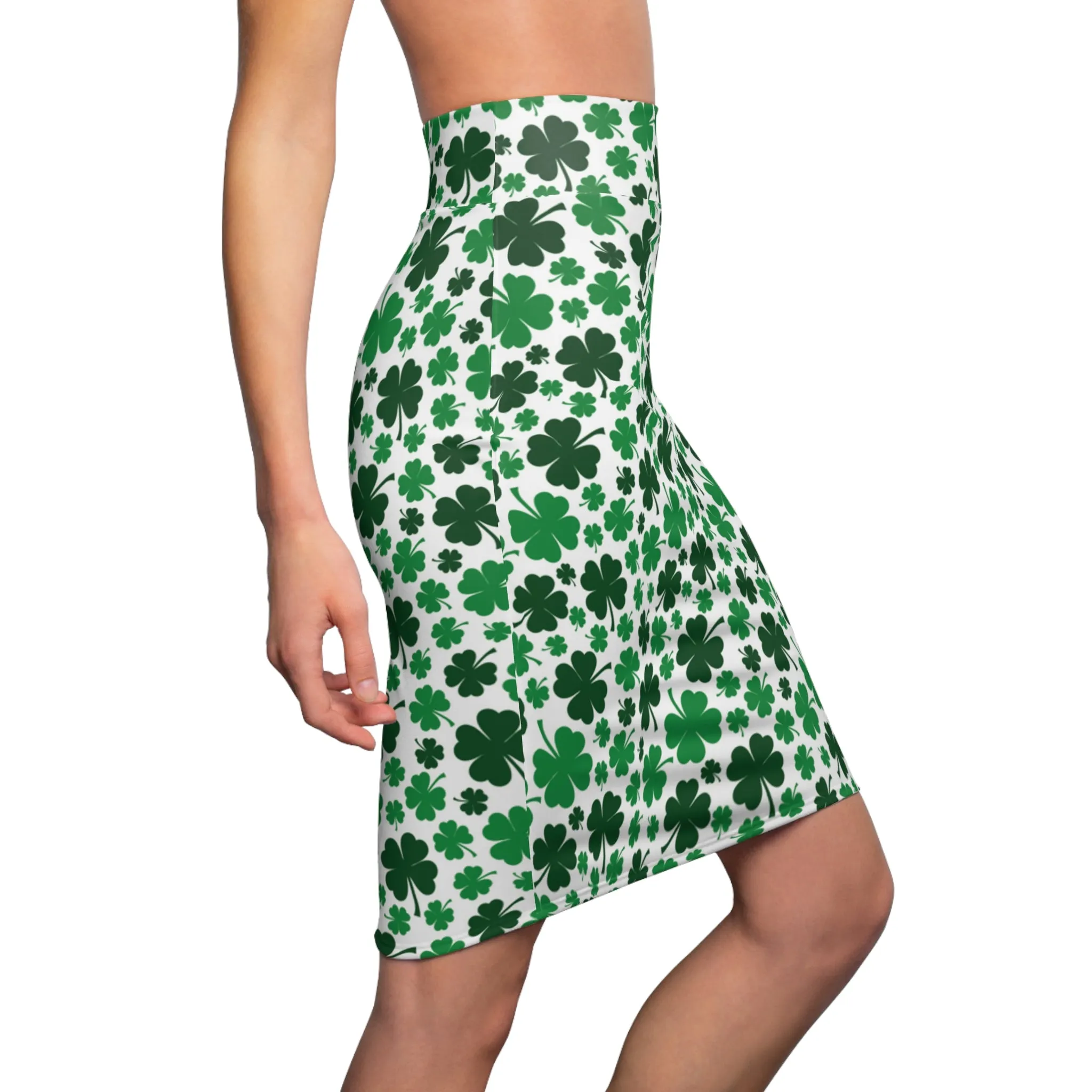 Green White Shamrock St Patricks Day Womens Pencil Skirt - Saiko Studio
