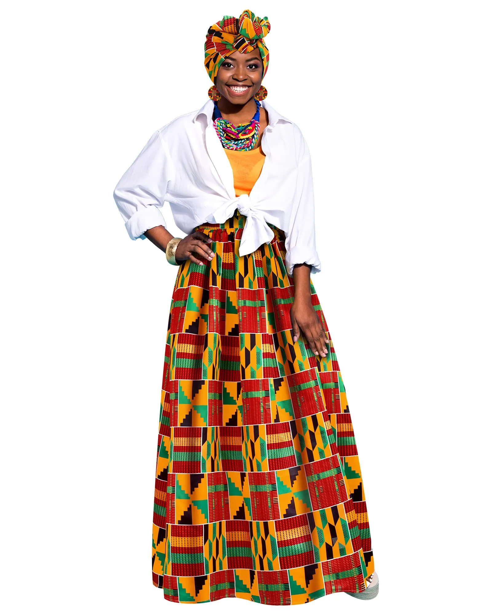 Haysandy 3 Pcs Women African Printed Maxi Skirt with Pockets Set Casual Stretch Head Wrap Scarf Drop Dangle Earrings (Classic Style,Large)