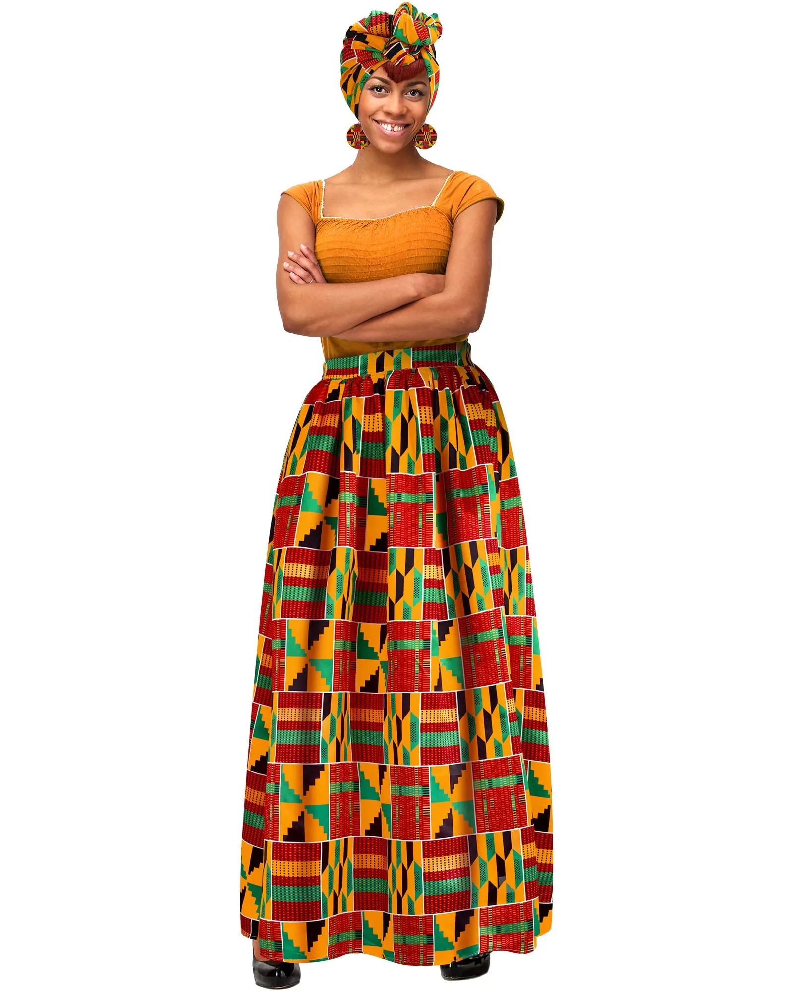 Haysandy 3 Pcs Women African Printed Maxi Skirt with Pockets Set Casual Stretch Head Wrap Scarf Drop Dangle Earrings (Classic Style,Large)