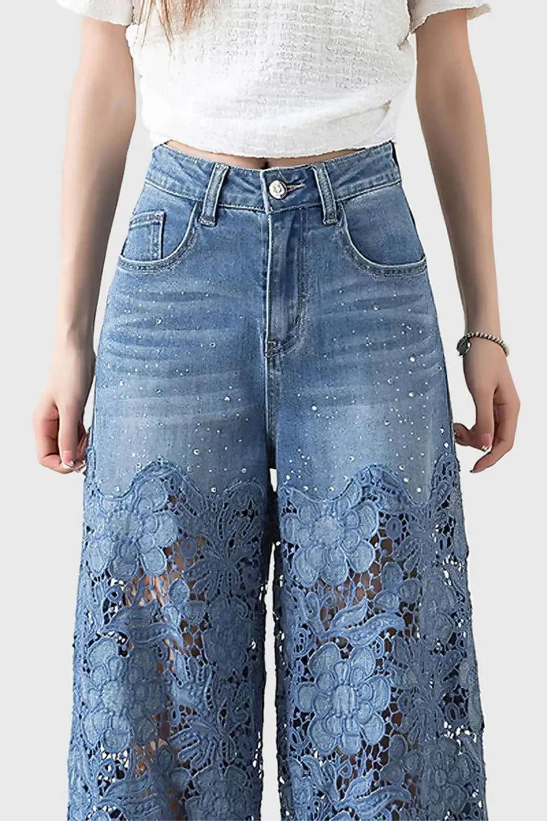 Henrietta - Fashionable Lace Patchwork Woman's Wide Leg Jeans