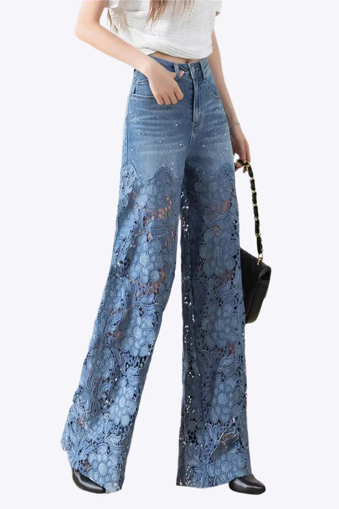 Henrietta - Fashionable Lace Patchwork Woman's Wide Leg Jeans