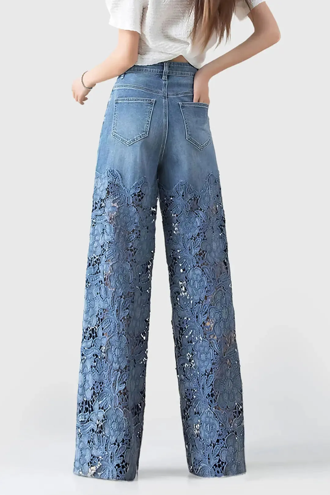 Henrietta - Fashionable Lace Patchwork Woman's Wide Leg Jeans