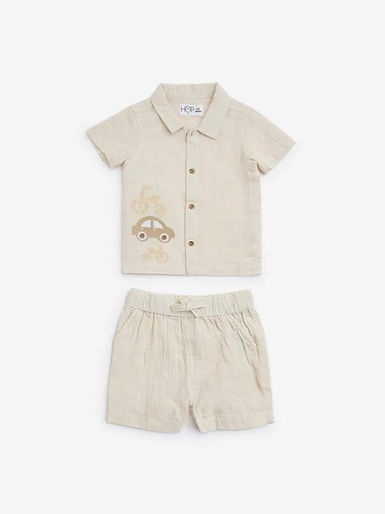HOP Baby Beige Embroidered Cotton Shirt and Shorts Set
