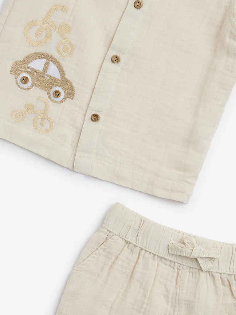 HOP Baby Beige Embroidered Cotton Shirt and Shorts Set