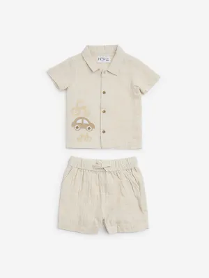 HOP Baby Beige Embroidered Cotton Shirt and Shorts Set