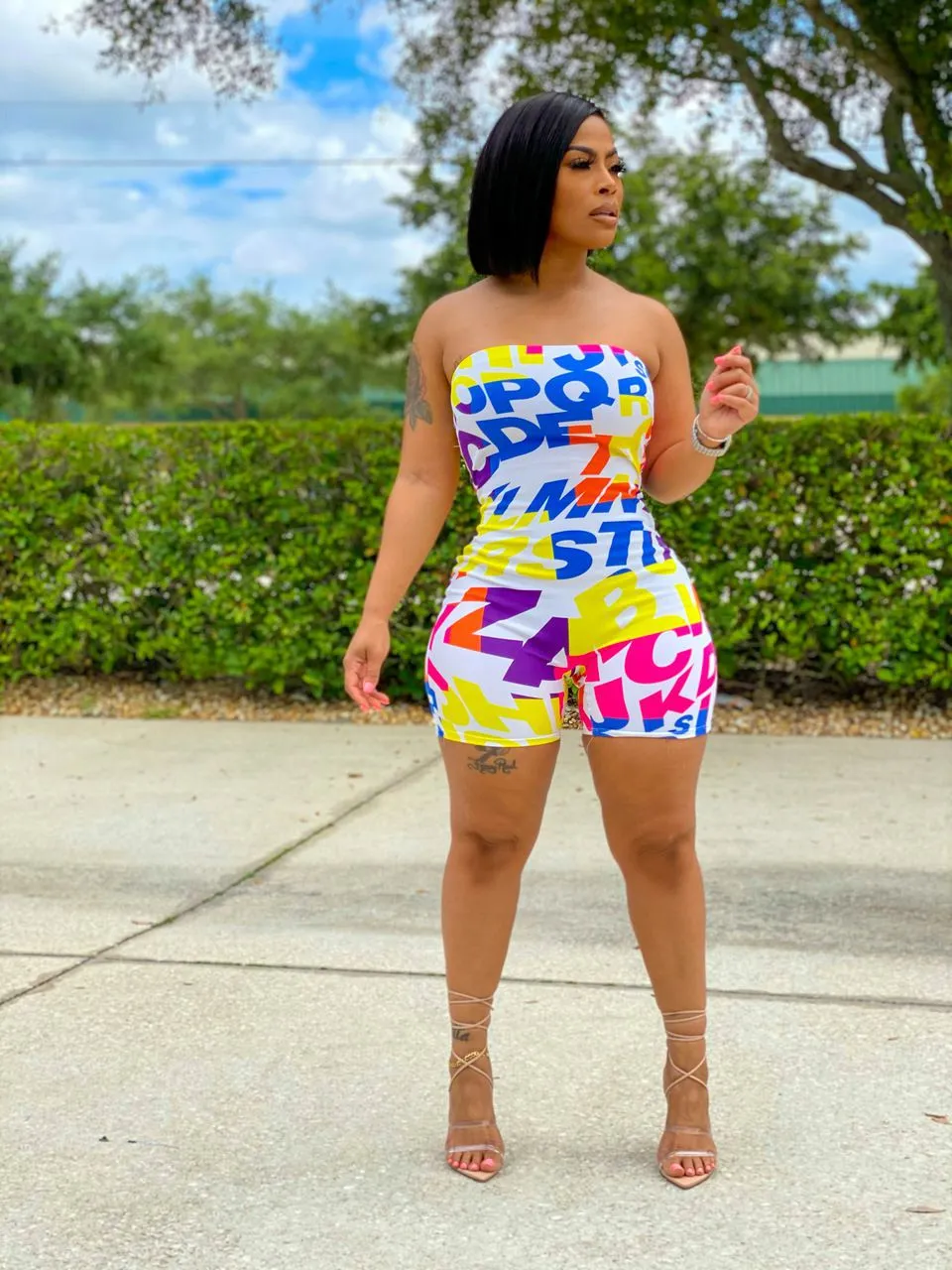 Hot stretch tube top letter print jumpsuit AY1121