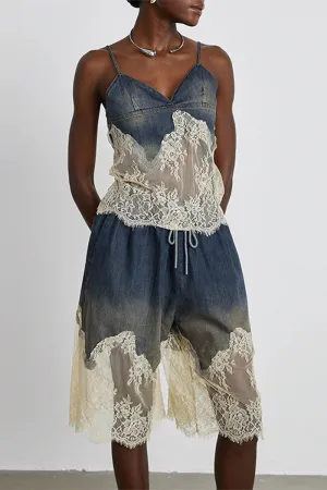 HUS1411 Lace Meets Denim Midi Set