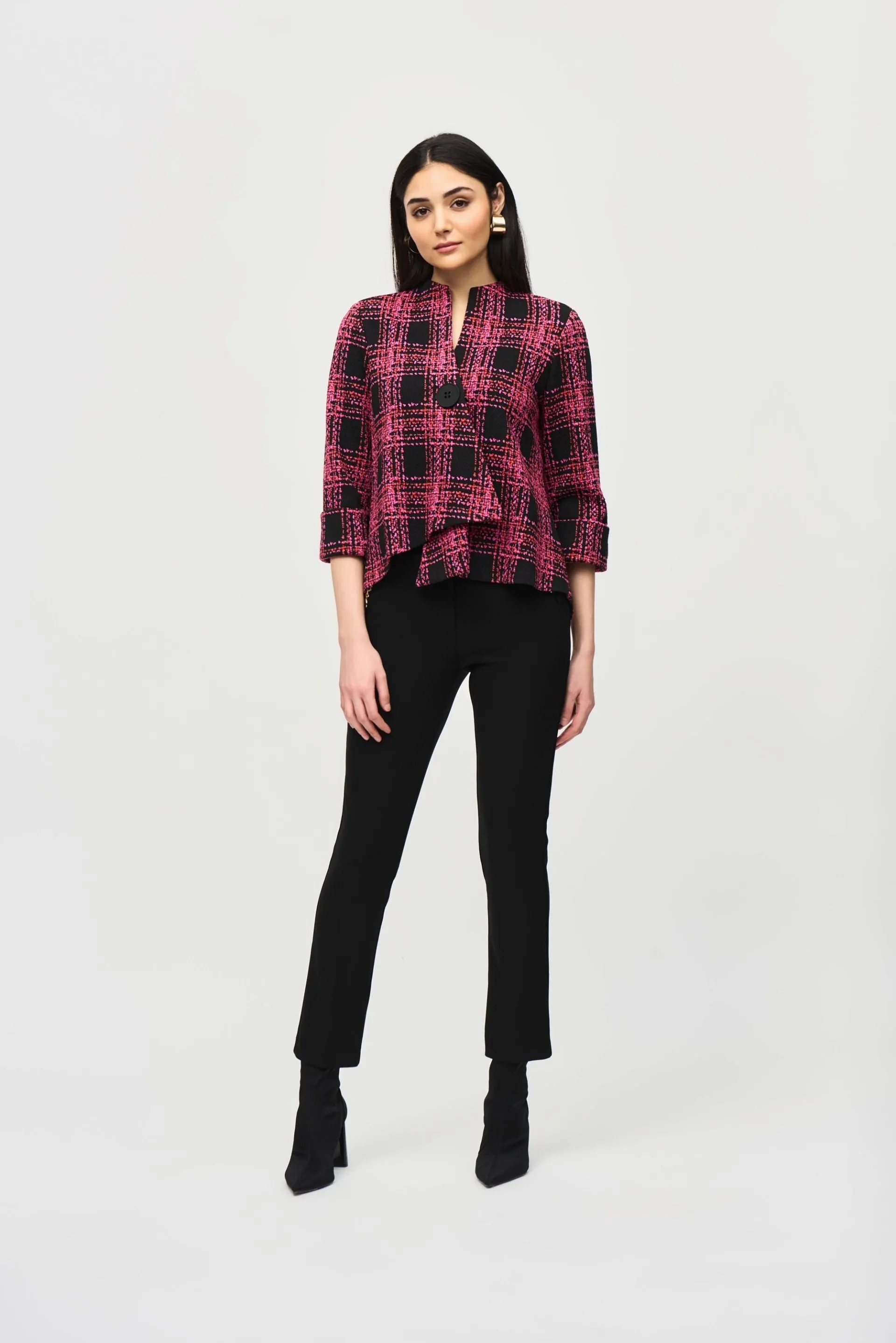 Joseph Ribkoff Black/Multi Plaid 3/4 Sleeve Swing Jacket 243296