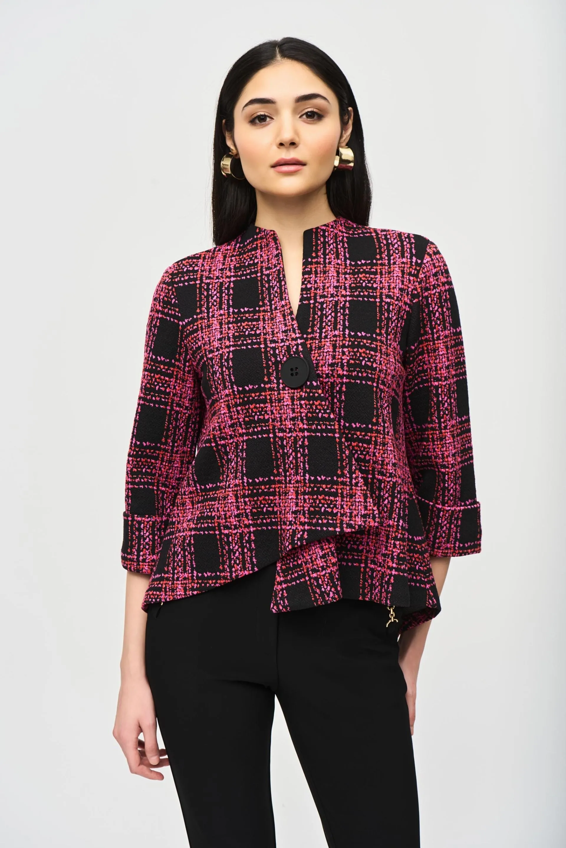 Joseph Ribkoff Black/Multi Plaid 3/4 Sleeve Swing Jacket 243296