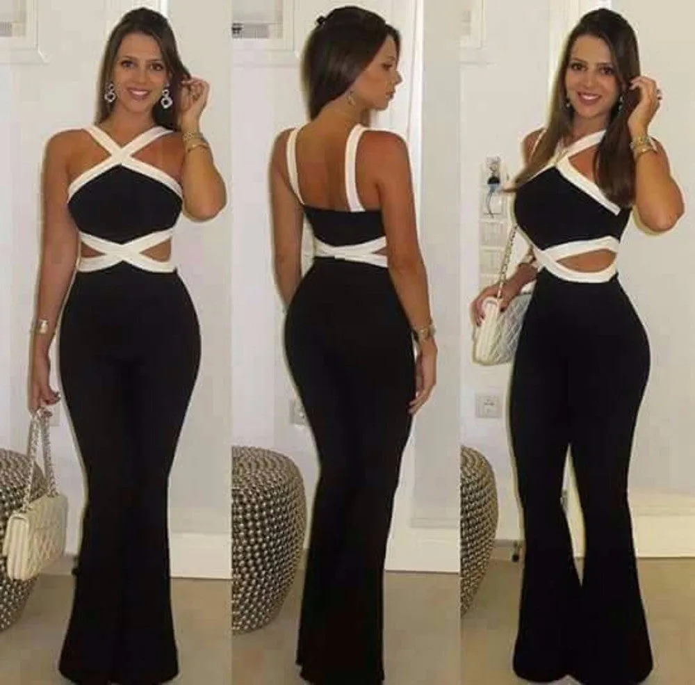 jumpsuits for women Playsuit overall Black white stitching women's sexy slim Halter Full Length pants coveralls Rompers