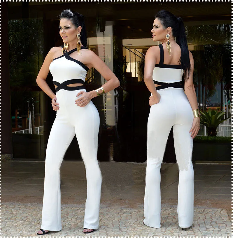 jumpsuits for women Playsuit overall Black white stitching women's sexy slim Halter Full Length pants coveralls Rompers