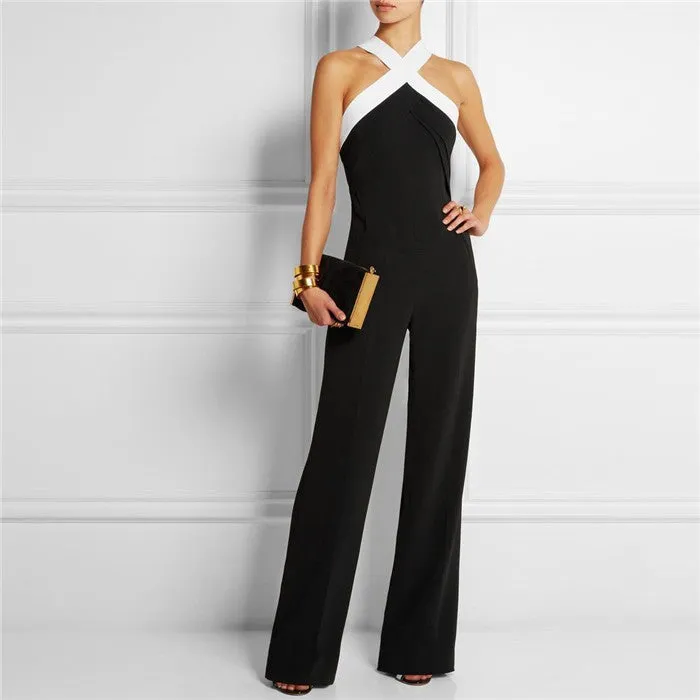 jumpsuits for women Playsuit overall Black white stitching women's sexy slim Halter Full Length pants coveralls Rompers