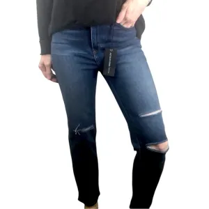 Just Black Denim Saturday Straight Leg Knee Slit Jeans Sz 26 Dark Blue High Rise