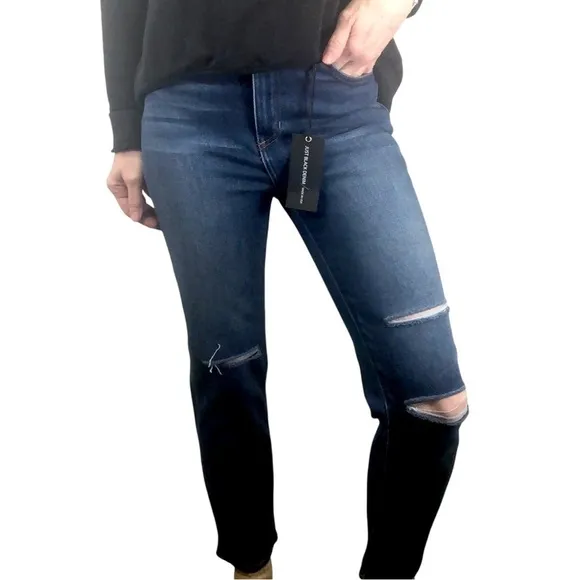 Just Black Denim Saturday Straight Leg Knee Slit Jeans Sz 26 Dark Blue High Rise