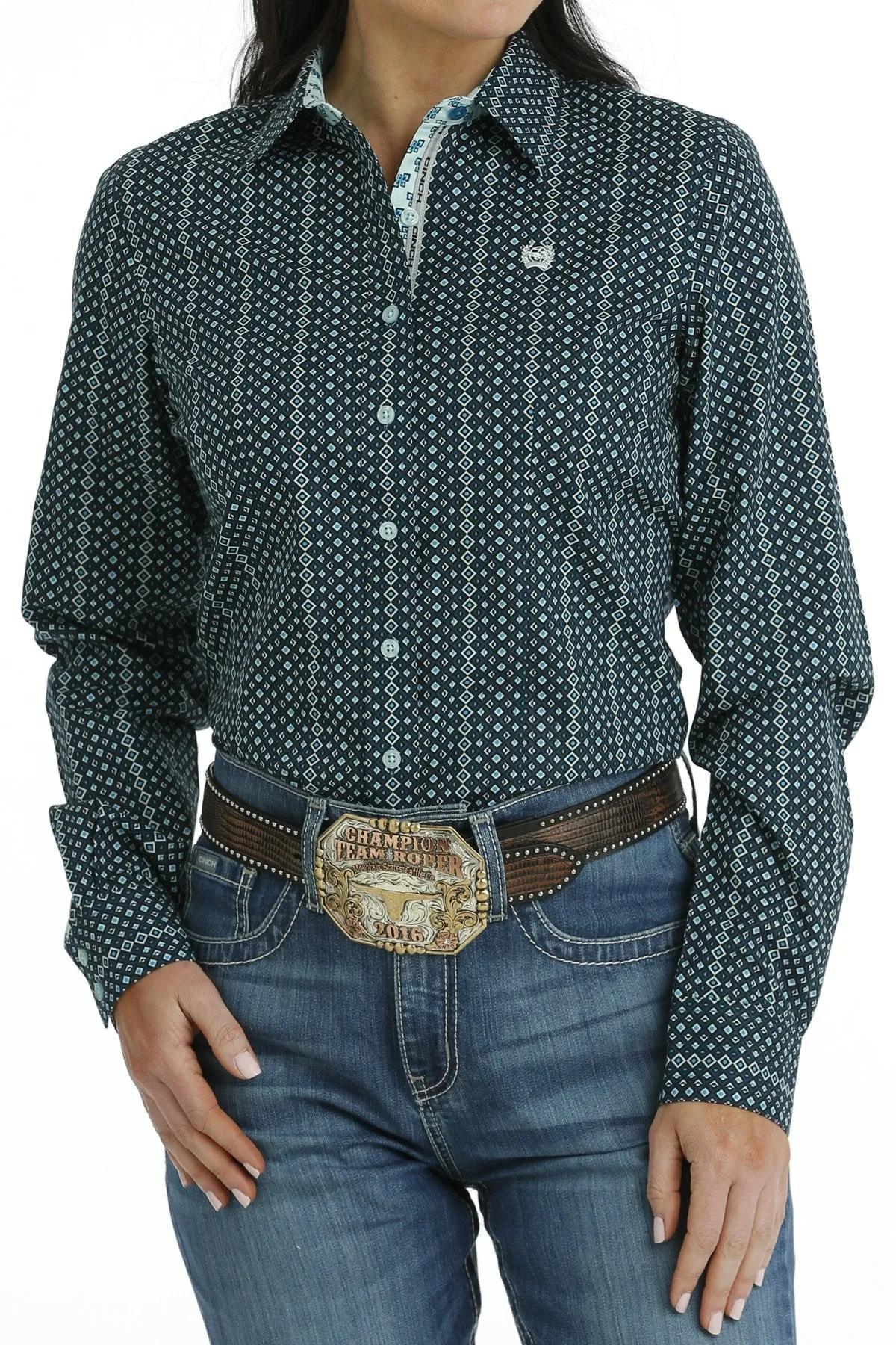 LADIES BLUE PRINT LONG SLEEVE CINCH SHIRT