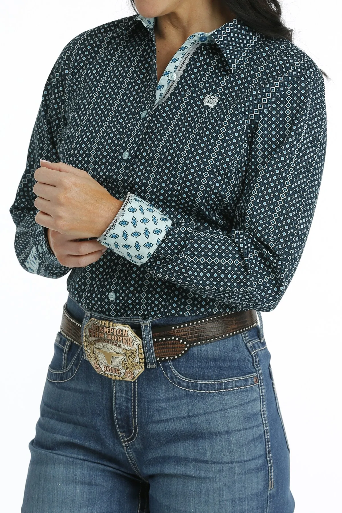 LADIES BLUE PRINT LONG SLEEVE CINCH SHIRT