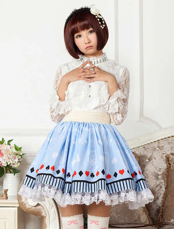Light Blue Lace Printed Polyester Lolita Skirt for Girls
