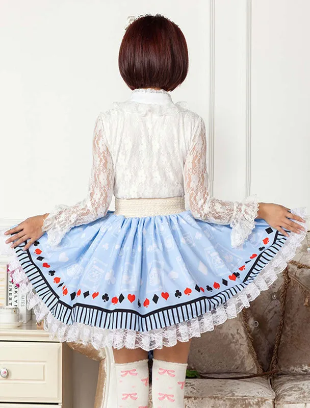 Light Blue Lace Printed Polyester Lolita Skirt for Girls