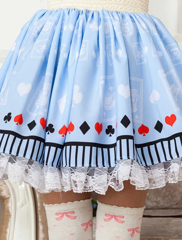 Light Blue Lace Printed Polyester Lolita Skirt for Girls