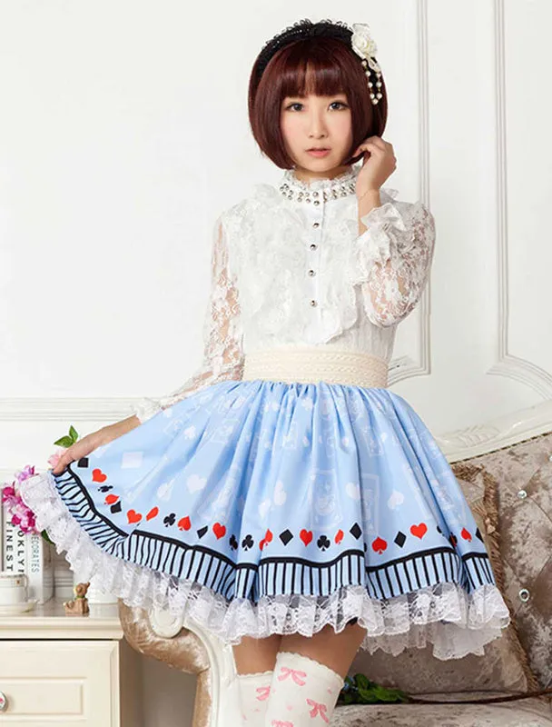 Light Blue Lace Printed Polyester Lolita Skirt for Girls