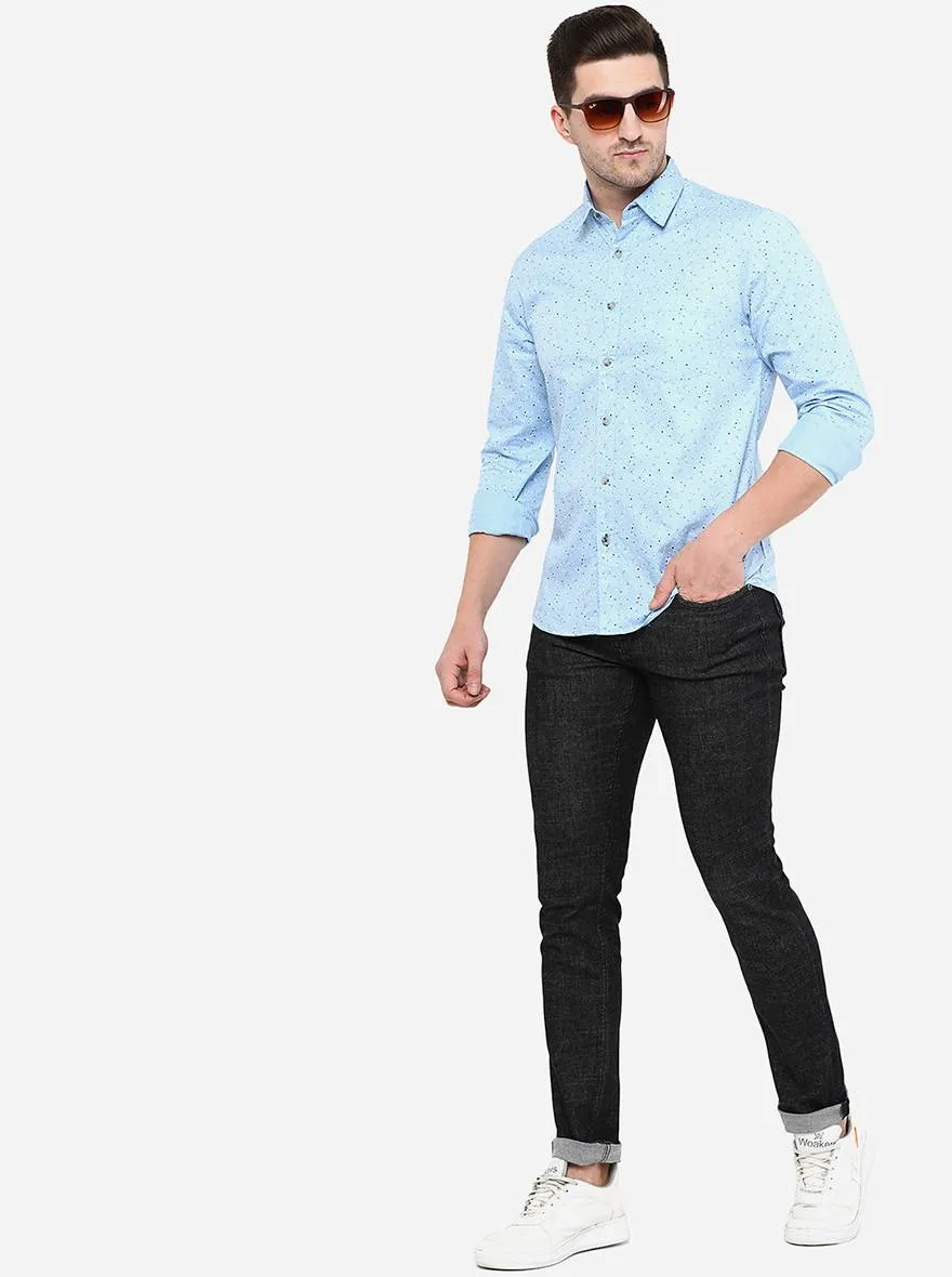 Light Blue Printed Slim Fit Semi Casual Shirt | Greenfibre