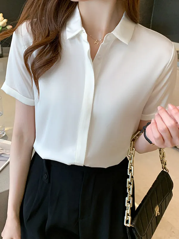 Loose Short Sleeves Buttoned Solid Color Split-Joint Lapel Blouses&Shirts Tops