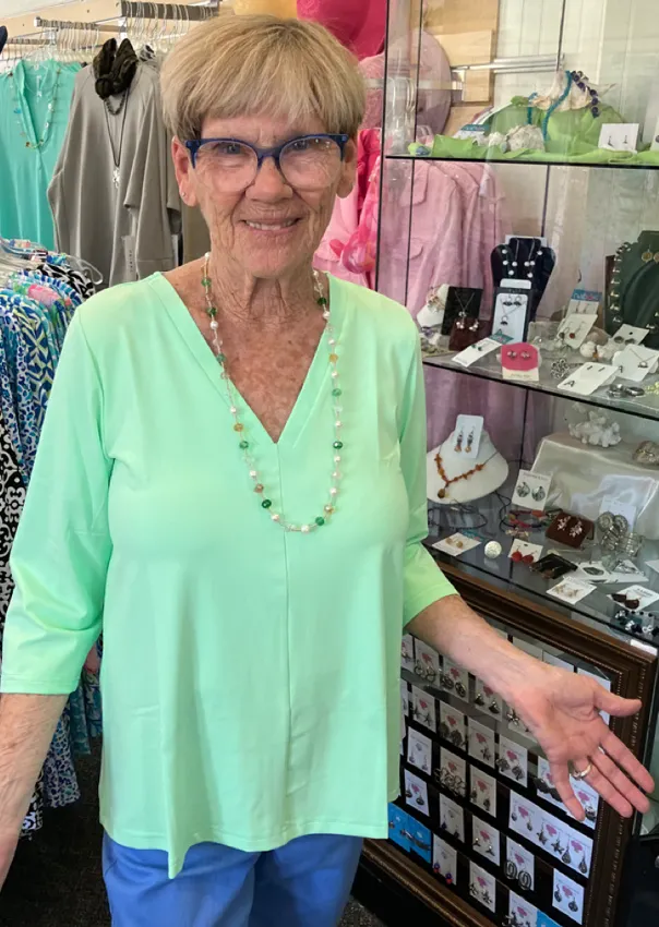 LuluB 3/4 Sleeve V-Neck Swing Top with UPF 50  and Coolant in Fabric