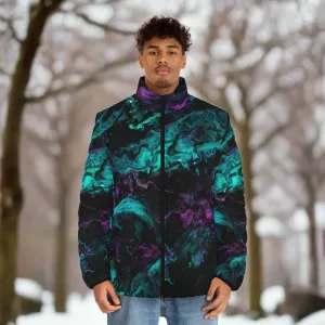 Men's Black and Multicolored Acrylic Pour Artwork Puffer Jacket