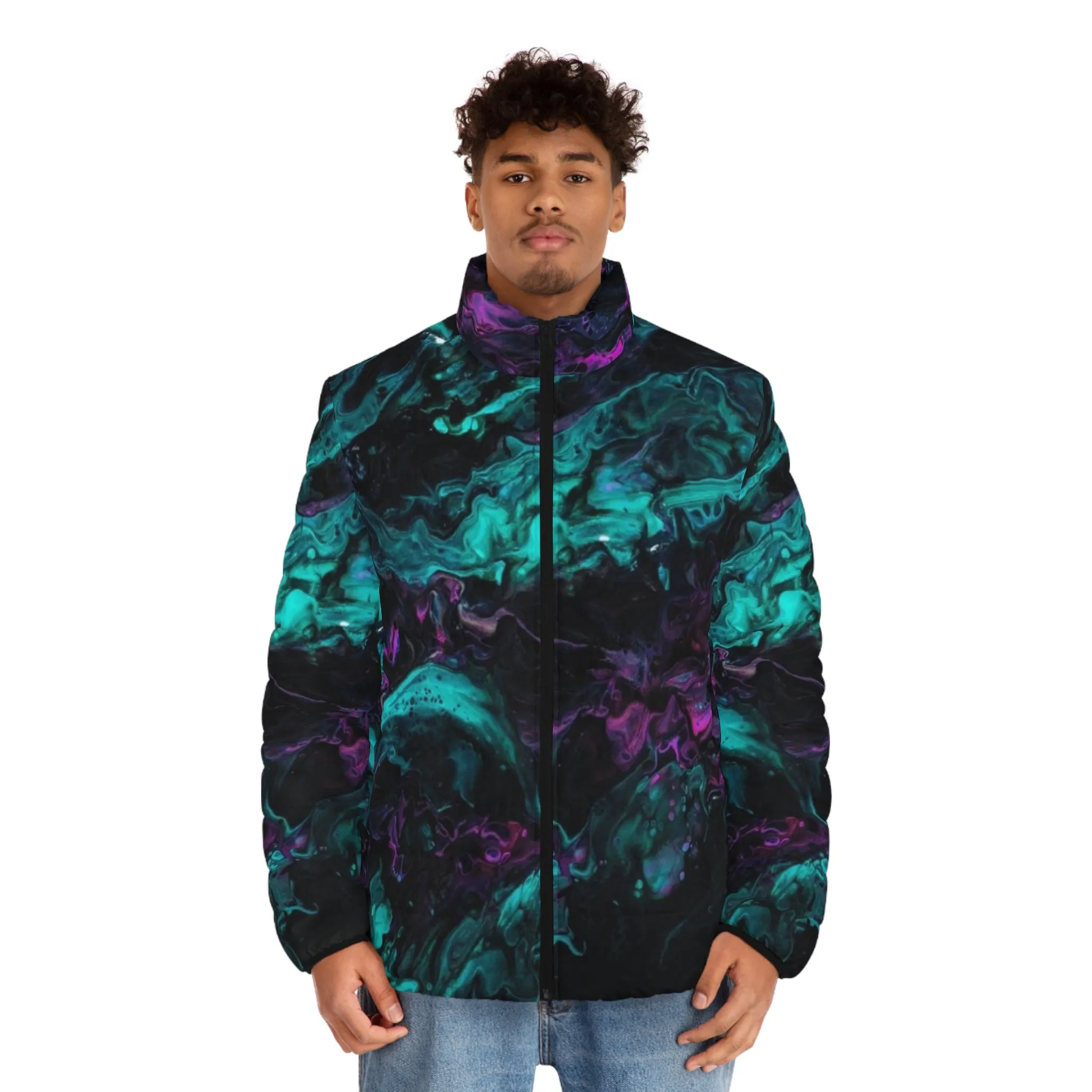Men's Black and Multicolored Acrylic Pour Artwork Puffer Jacket