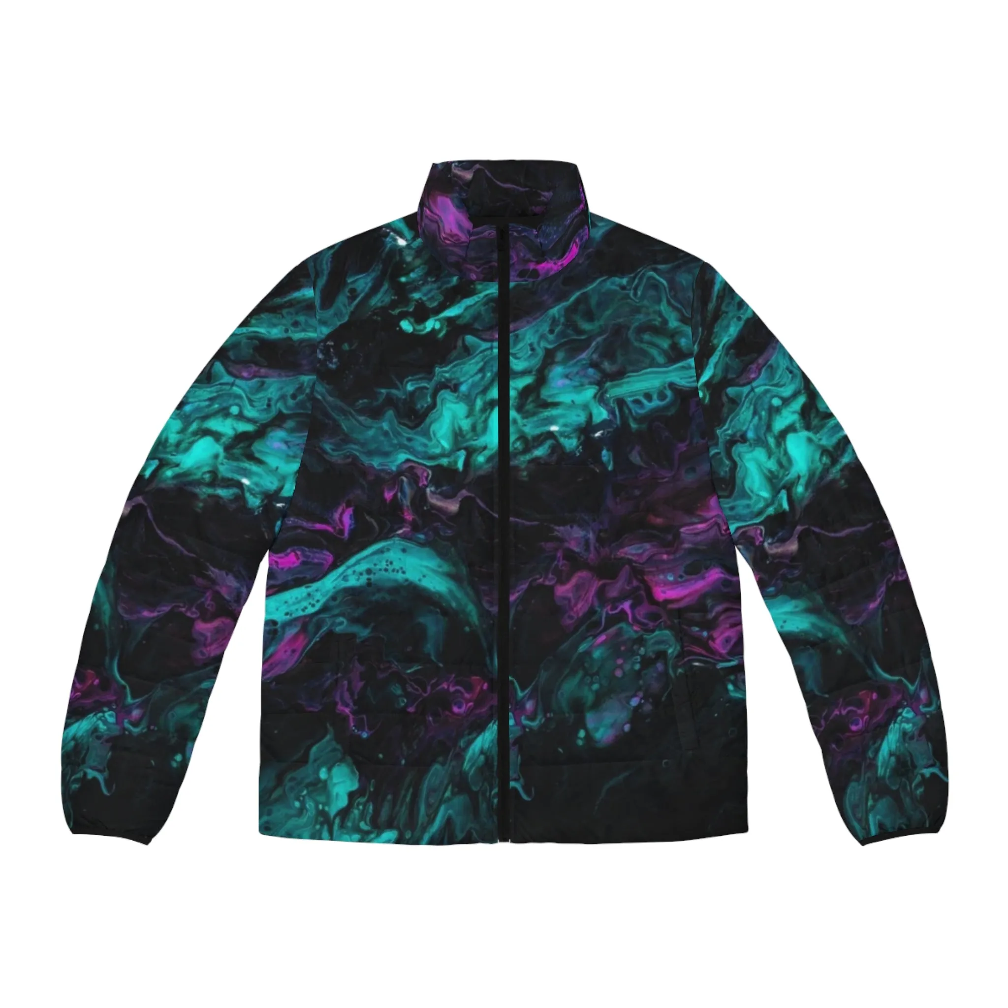 Men's Black and Multicolored Acrylic Pour Artwork Puffer Jacket
