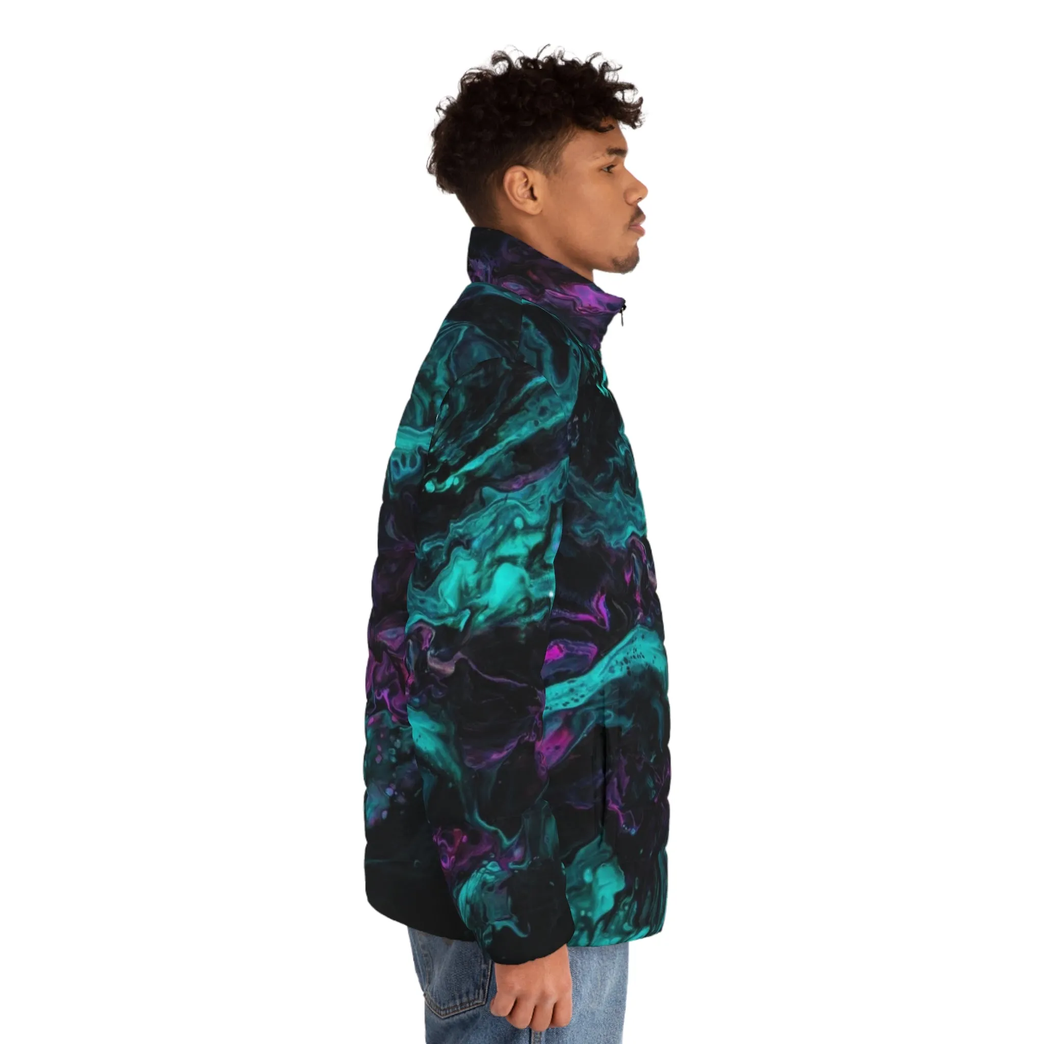 Men's Black and Multicolored Acrylic Pour Artwork Puffer Jacket
