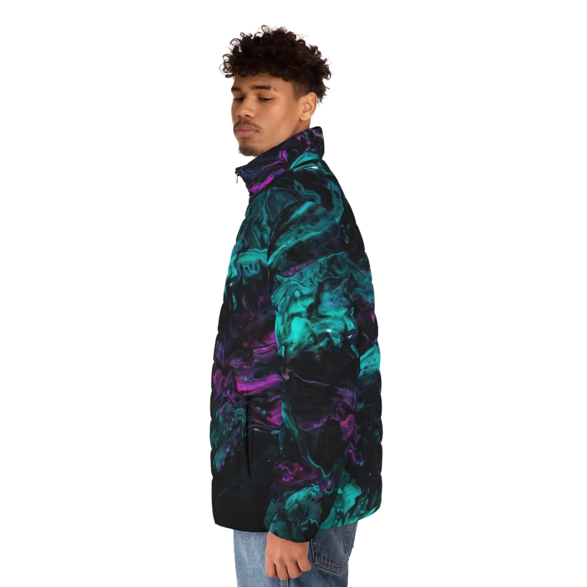 Men's Black and Multicolored Acrylic Pour Artwork Puffer Jacket