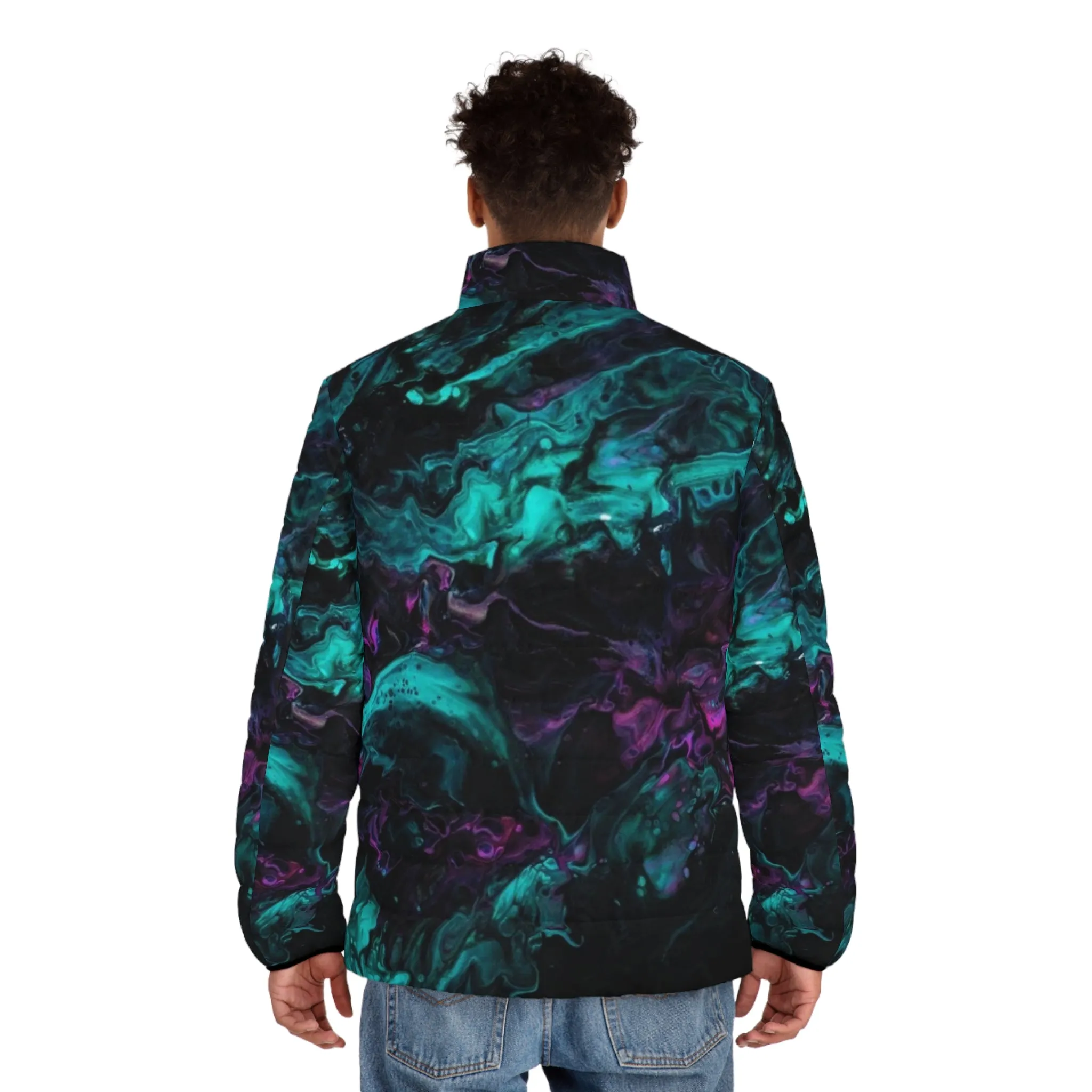 Men's Black and Multicolored Acrylic Pour Artwork Puffer Jacket