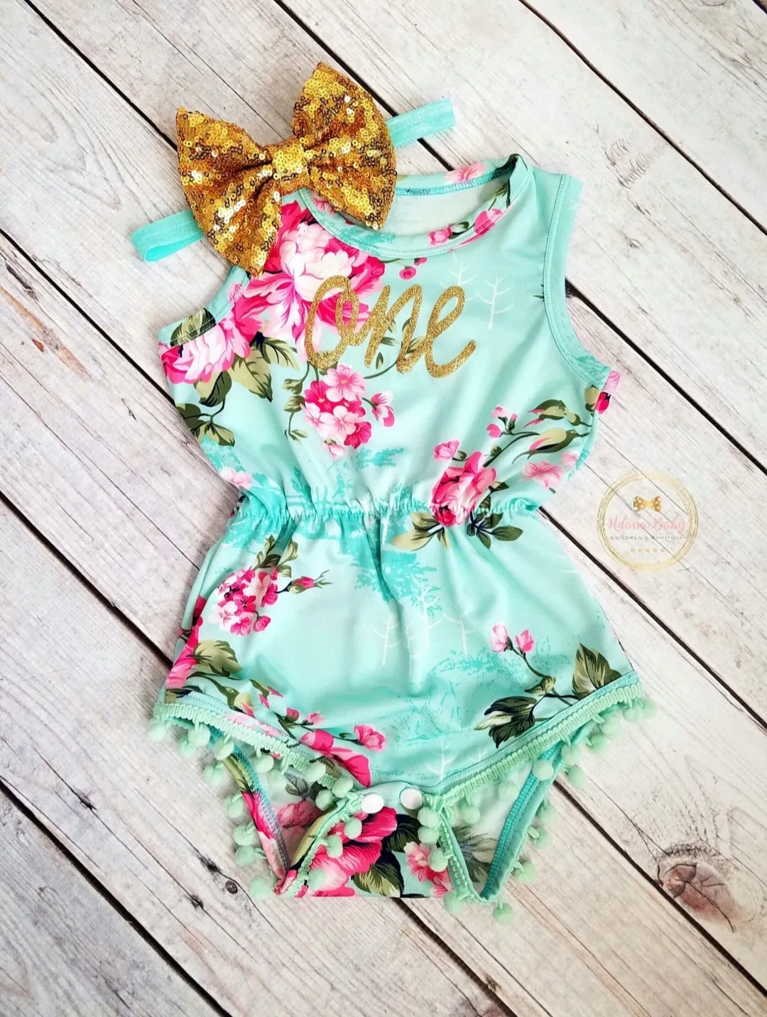 Mint Pink Gold Floral Pom Pom Romper First Birthday Outfit Girl