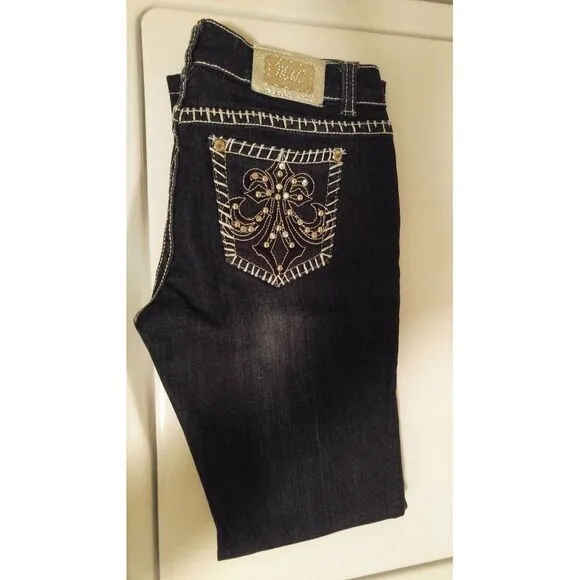 Miss Chic Womens Dark Blue Thick Stitch‎ Bling Bootcut Jeans MC1518C Sz 7 29x29