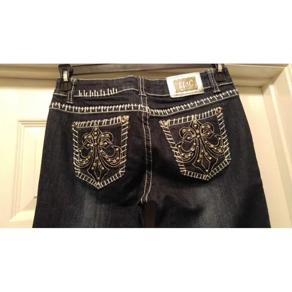 Miss Chic Womens Dark Blue Thick Stitch‎ Bling Bootcut Jeans MC1518C Sz 7 29x29